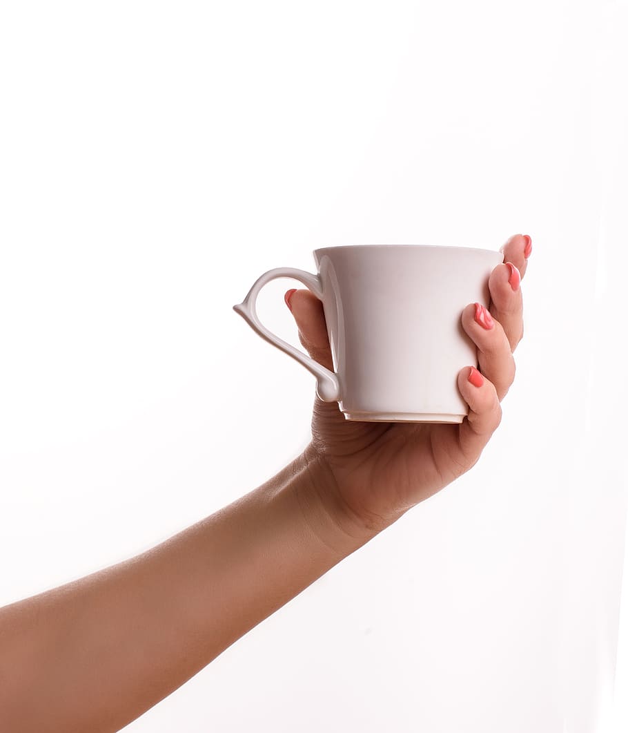 person holding teacup, white background, coffee, hand, breakfast HD wallpaper