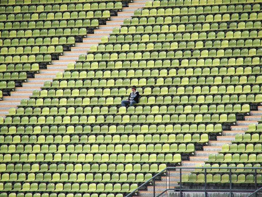Woman in Grey Shirt Sitting on Stadium Chair, alone, chairs, color HD wallpaper