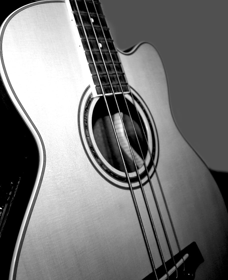 greyscale photography of guitar, low, acoustic bass, music, strings, HD wallpaper
