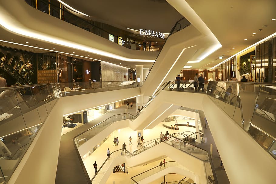 beige painted building, central embassy, mall, store, escalators HD wallpaper