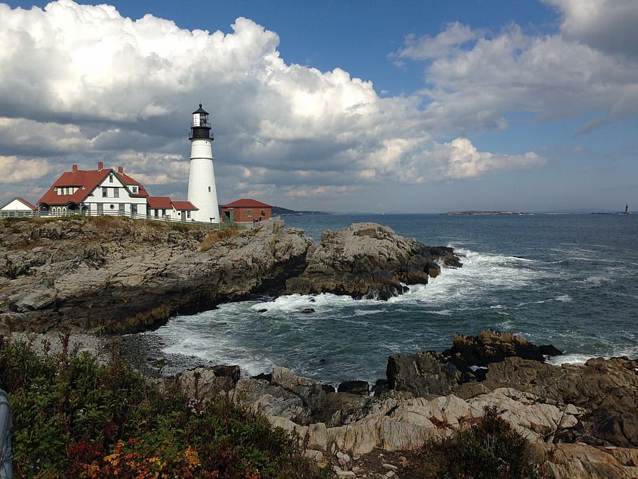 white lighthouse near body of water during daytime, maine, coastline HD wallpaper