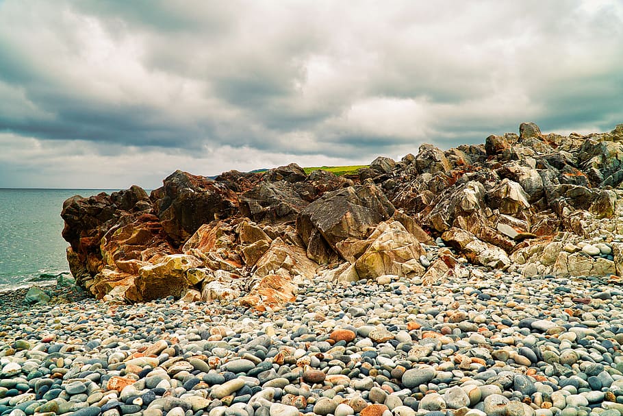 rock, beach, pebbles, stone, sea, seashore, surface, coast HD wallpaper