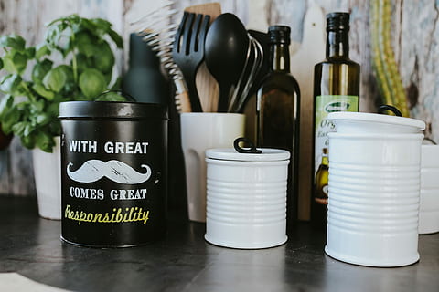 Kitchen utensils and cans by the wall, containers, cooking, spoon HD wallpaper