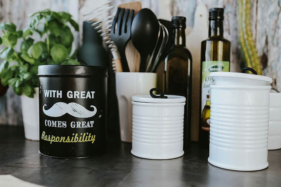 Kitchen utensils and cans by the wall, containers, cooking, spoon HD wallpaper