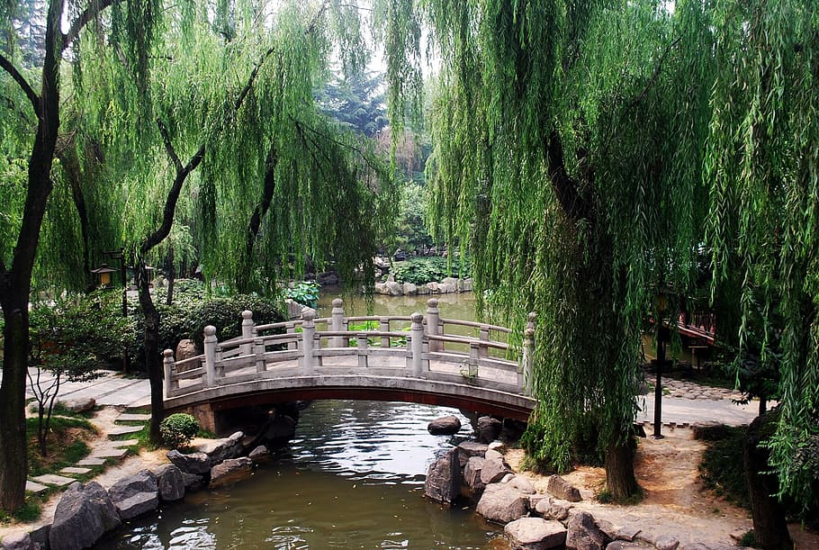white wooden bridge, arch, arched, chinese, asian, garden, park HD wallpaper