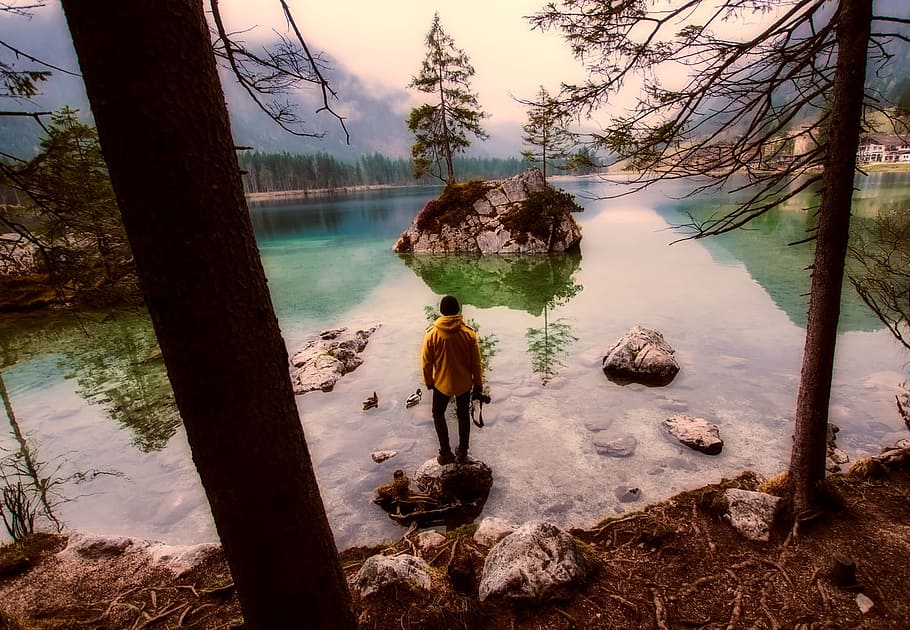 austria, lake, water, reflections, man, forest, trees, woods HD wallpaper