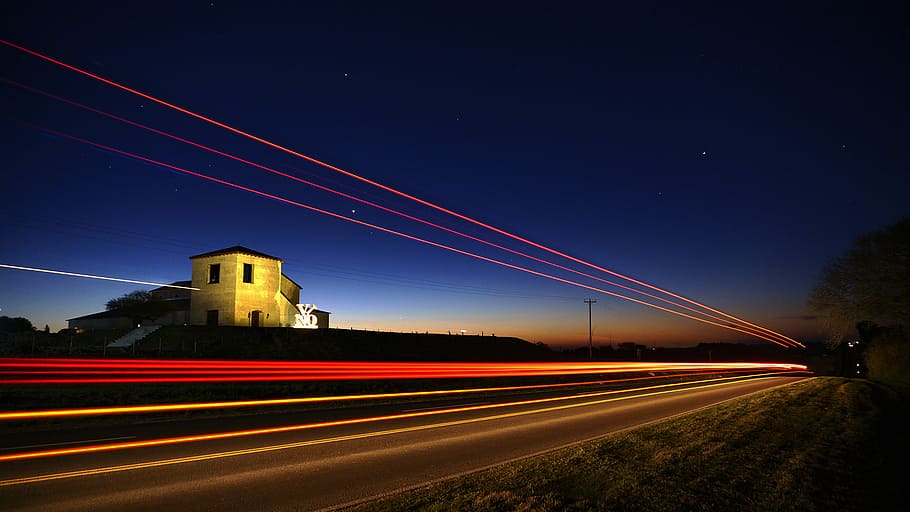 architecture, blur, building, dusk, highway, landscape, light HD wallpaper