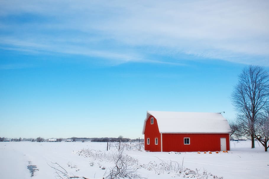 Red Barn House in the Middle of Snow Field During Daytime, clouds