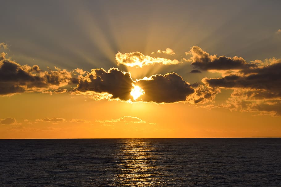 body of water during sunset, sunbeam, sunlight, afternoon, sea HD wallpaper