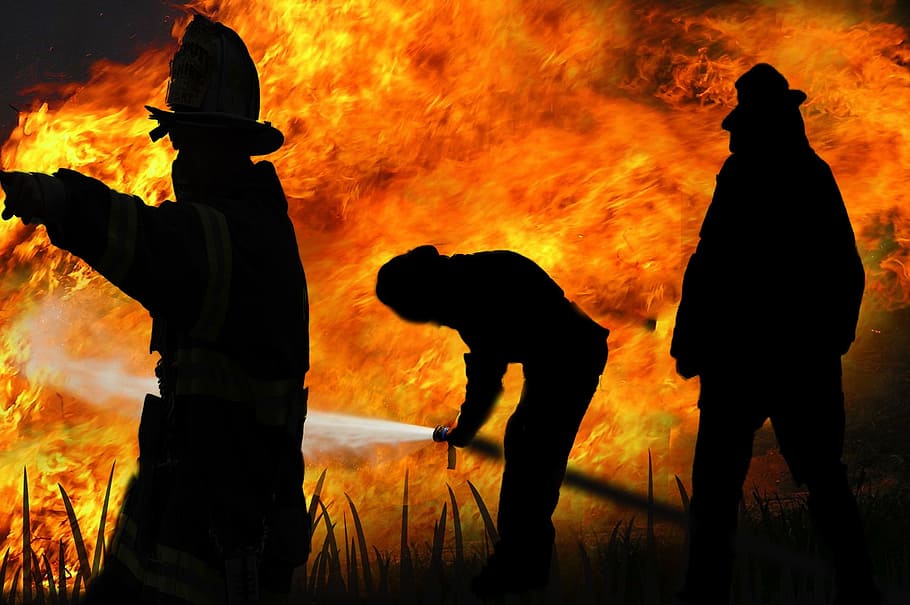 silhouette of firemen, Fire Fighter, Delete, fire delete, fire fighting HD wallpaper