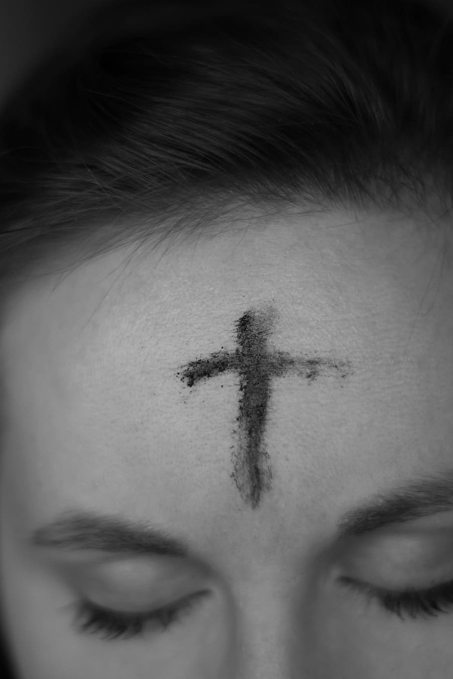 cross on person's forehead, grayscale photography of cross on persons forehead, HD wallpaper