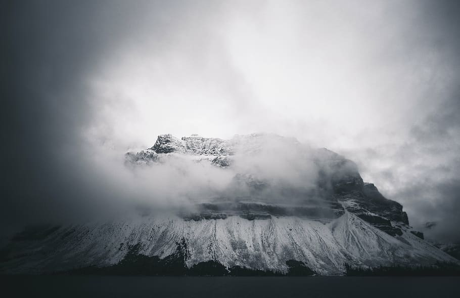 grayscale photography of mountain, cloudy, days, highland, volcano HD wallpaper