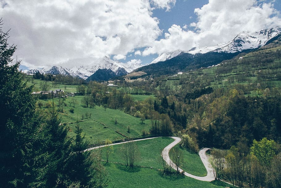 landscape, mountains, peaks, green, grass, field, trees, outdoors HD wallpaper