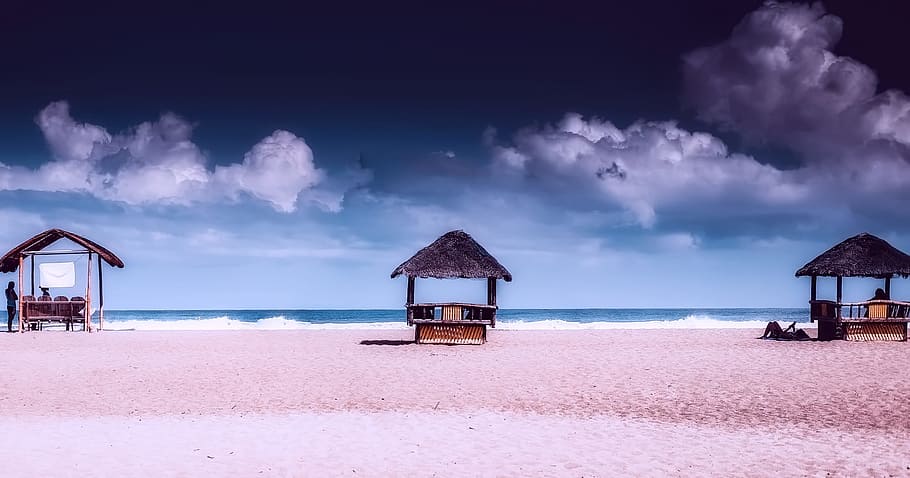 sea, landscape, nature, sky, beach, clouds, coast, daylight, huts HD wallpaper
