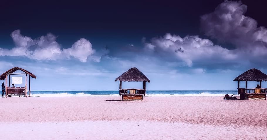 three brown hut near beach shore, Philippines, Clouds, Huts HD wallpaper