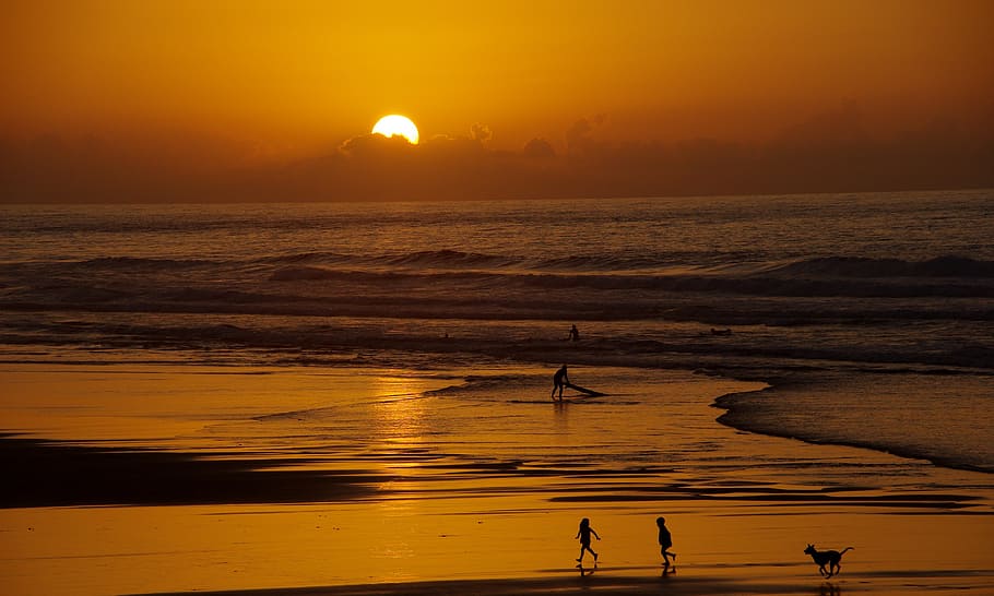 children silhouette on beach, sunset, sea, surf, morocco, twilight HD wallpaper