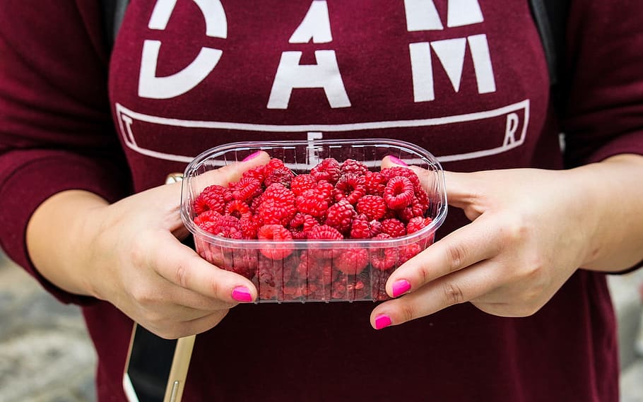 raspberries, fruits, container, hands, food, holding, human body part HD wallpaper