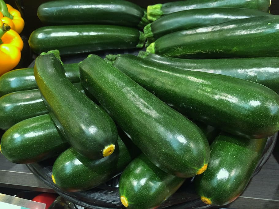 cucumbers in tray, zucchini, green, vivid, vegetables, department HD wallpaper