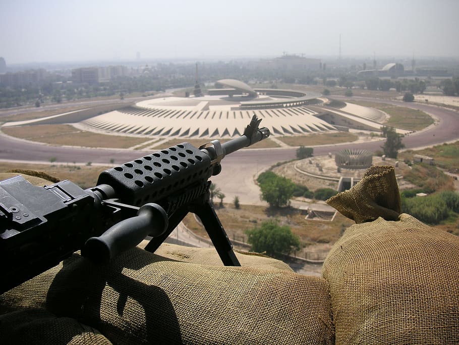 machine gun, iraq, war, weapon, architecture, transportation HD wallpaper