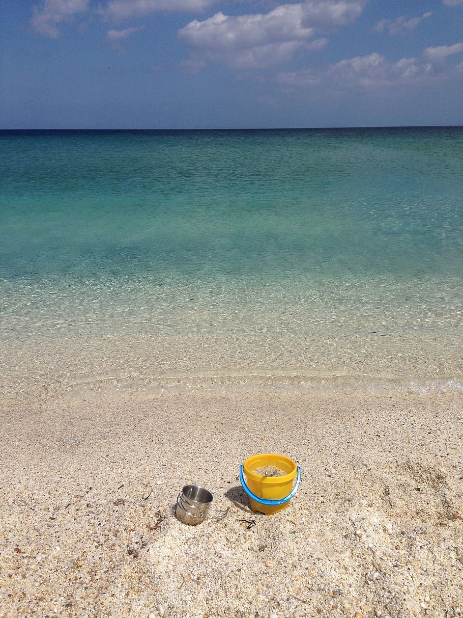 Sea, Bucket, Sand, beach, summer, vacations, coastline, blue HD wallpaper