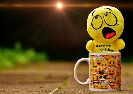 yellow emoji keep on smiling plush toy on emoji print white ceramic mug HD wallpaper