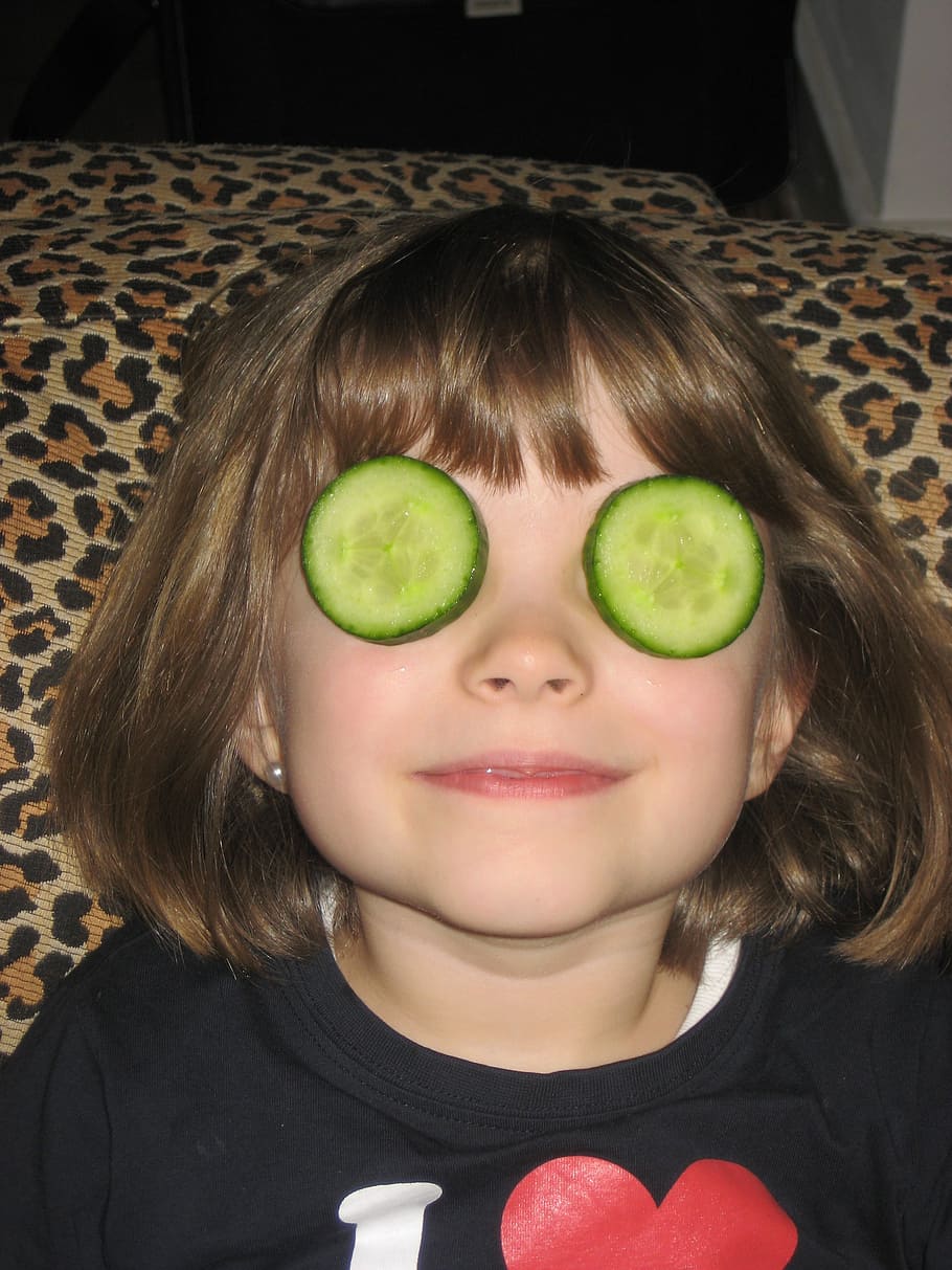 cucumber, mask, child, face, children's eyes, hidden, play, HD wallpaper
