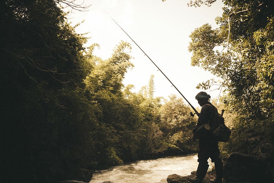 White water fisherman, photograph of person holding fishing rod beside river HD wallpaper