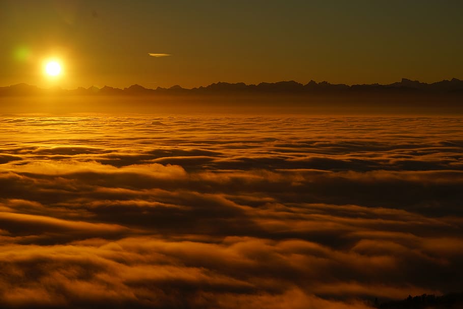 sunrise, selva marine, clouds, sea of fog, fog lights, nebula glow, HD wallpaper