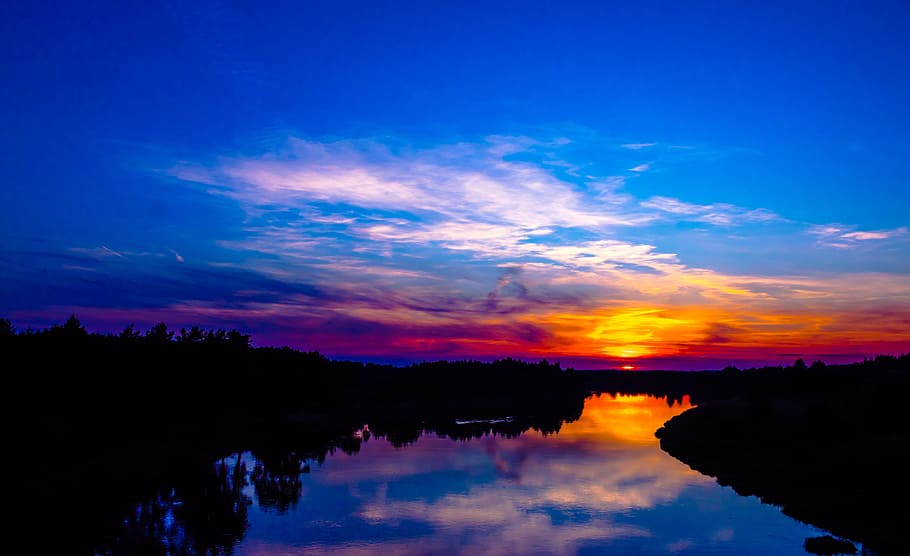 sunset, sky, river, evening, evening sky, nature, twilight HD wallpaper