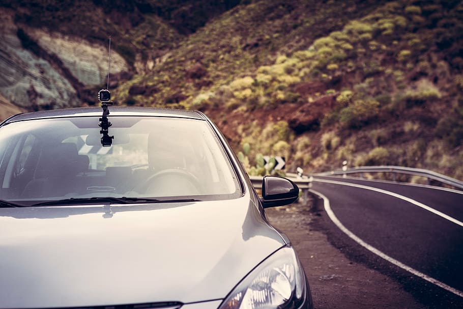 silver car beside road, camera, mazda, travel, fun, drive, film HD wallpaper