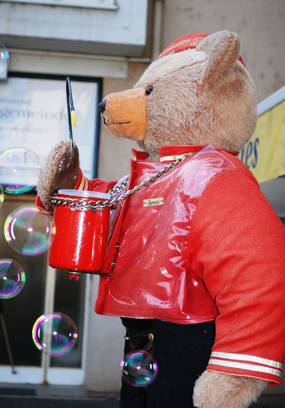 bear, soap bubbles, toy, teddy, animal, fun, red, representation HD wallpaper