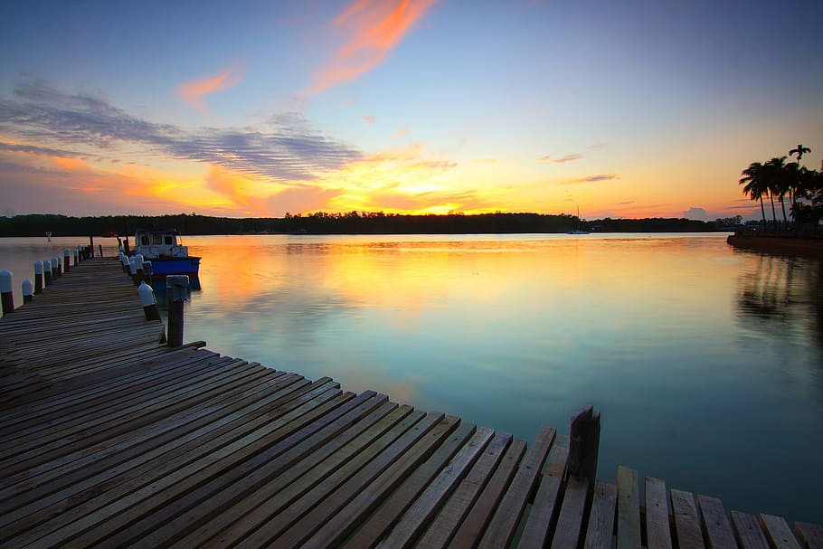 boat, dawn, dusk, jetty, lake, pier, sunrise, sunset, water HD wallpaper