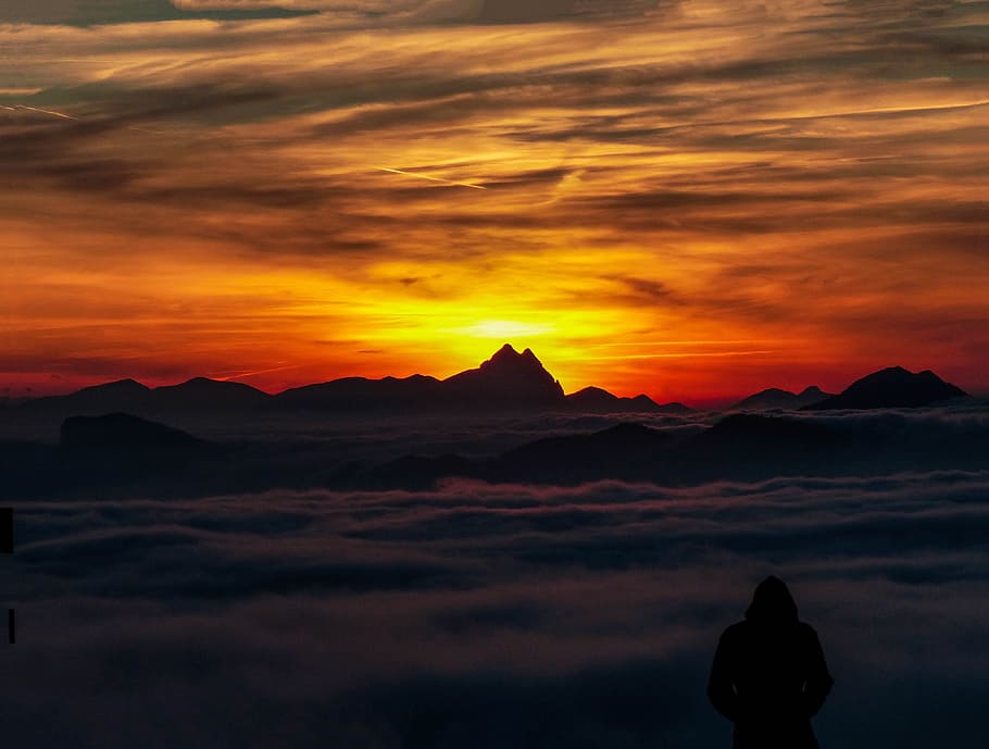 Sunset, Mood, Silhouette, afterglow, romantic, mountains, fog HD wallpaper