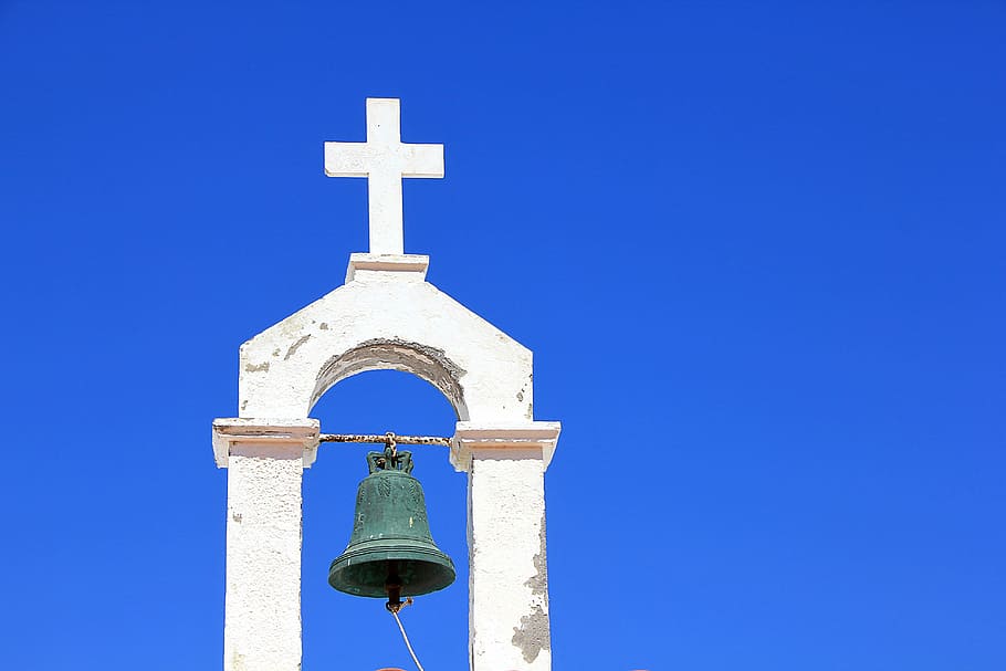 black bell mounted on cross, steeple, sky, church, architecture HD wallpaper