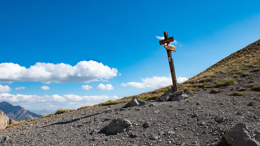 panel, hiking, mountain, sky, cloud, direction, landscape, blue HD wallpaper