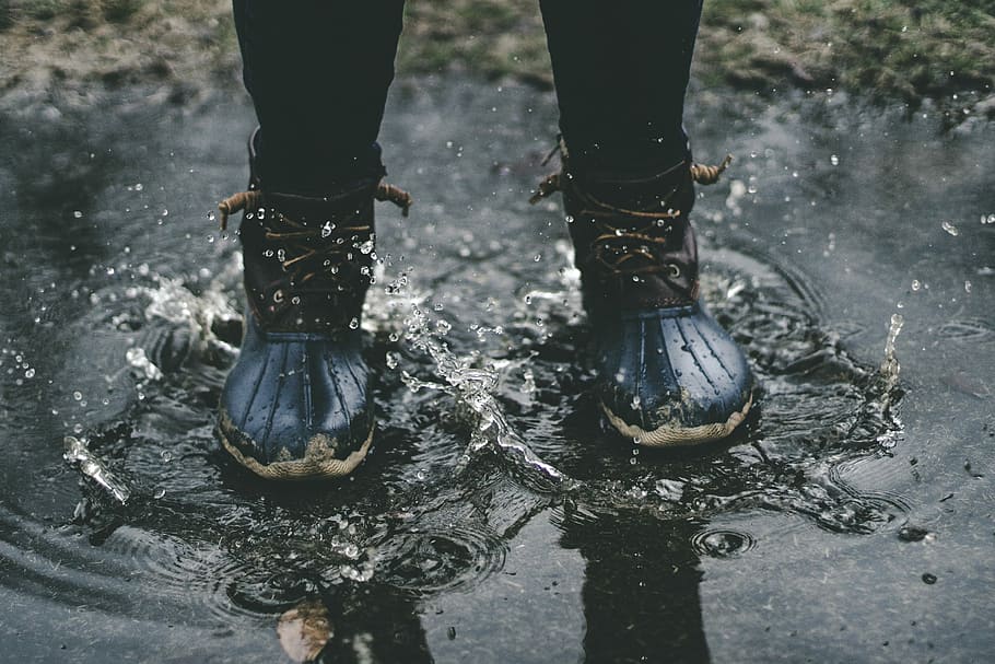 person standing on splashed water, woman wearing duck boots on water HD wallpaper
