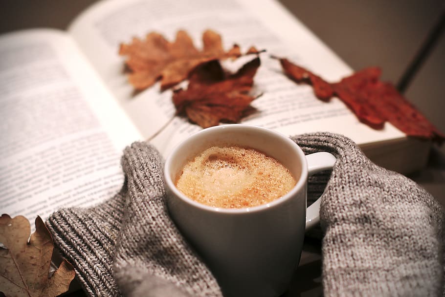 white ceramic coffee mug beside a open book, food, drink, hottest, HD wallpaper