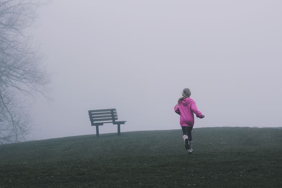 people, kid, child, run, fog, park, bench, chair, trees, alone HD wallpaper