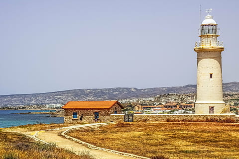 lighthouse, view, sea, path, landscape, mediterranean, archaeological park HD wallpaper