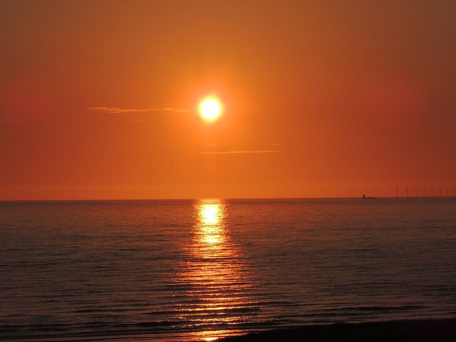 sunset, sea, beach, view, waves, nature, colorful sunset, water HD wallpaper