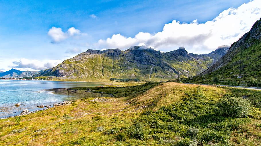 landscape, mountains, nature, sky, clouds, daylight, grass, lake HD wallpaper