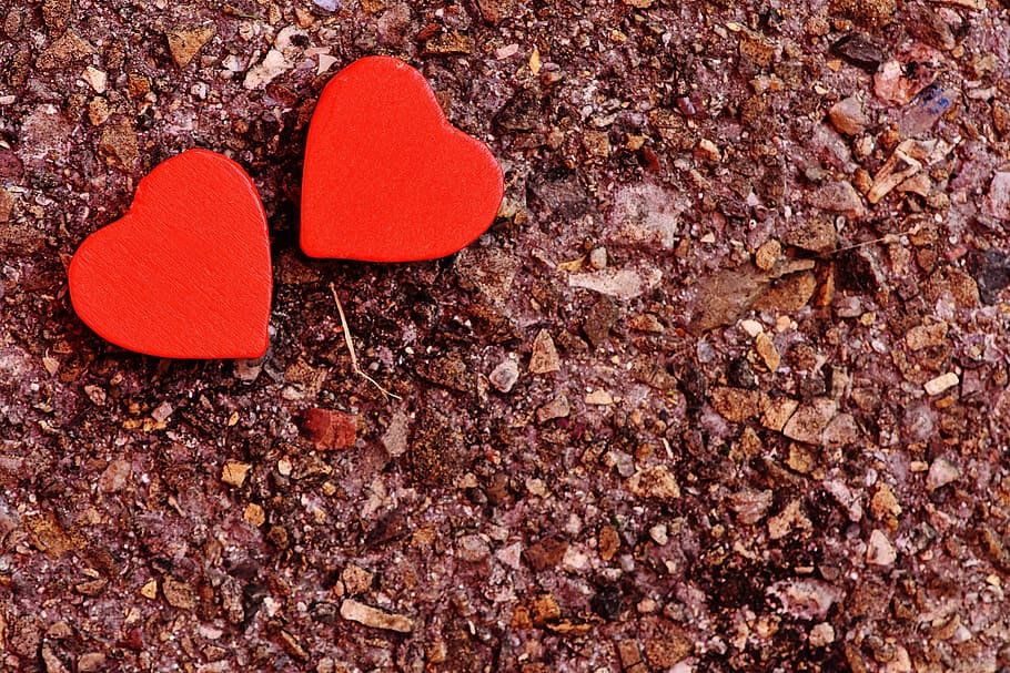 Two Red Heart Decoration on Ground, close-up, cute, dirt, hearts HD wallpaper