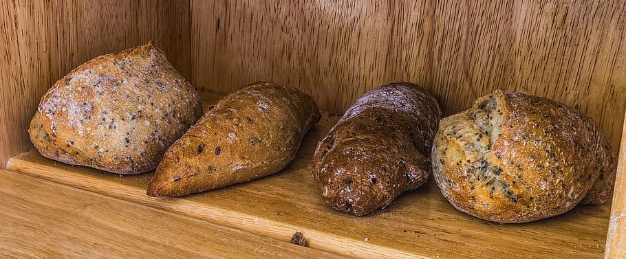 several bread pastries, bread box, cakes, arouse, colorful rolls HD wallpaper