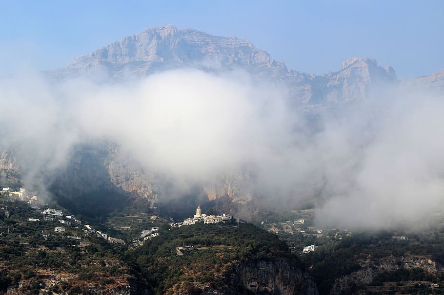 coast, mountain, sky, heat, mist, church, cliffs, stone, landscape HD wallpaper