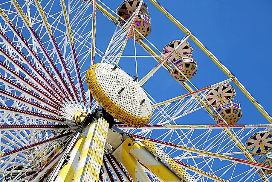 ferris wheel, manege, height, attraction, nacelle, sky, fair HD wallpaper