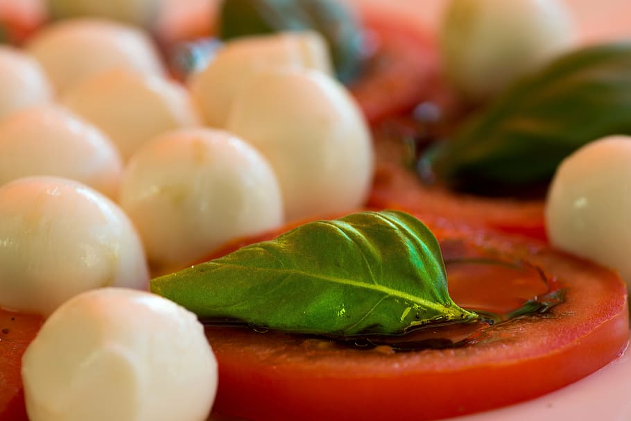 tilt shift photography of green leaf, tomato, mozzarella, basil HD wallpaper