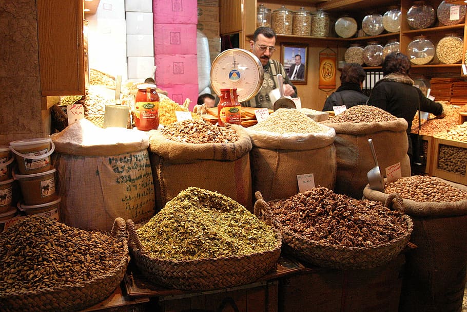 brown sack lot, aleppo, bazar, syria, souk, market, spices, seller, HD wallpaper