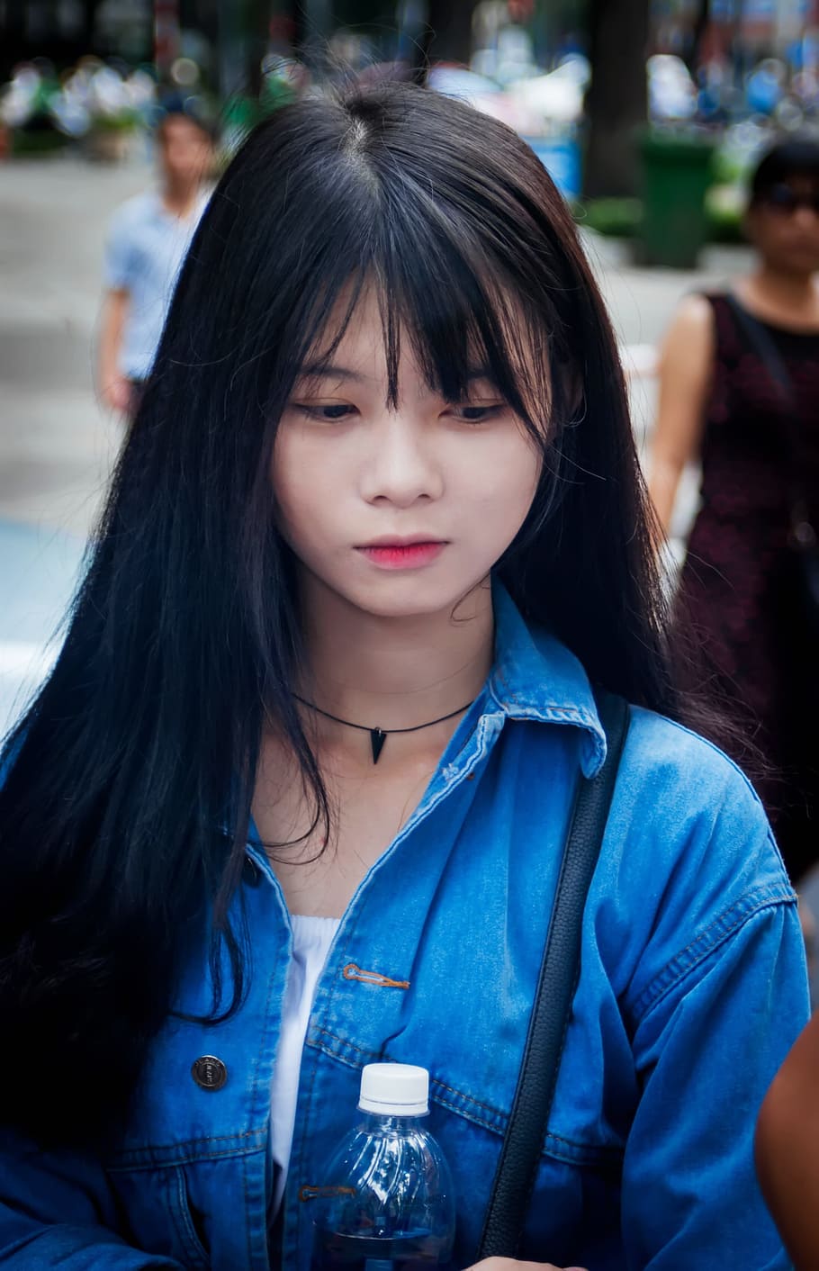 woman wearing blue denim collared shirt, Girl, Beautiful, Woman