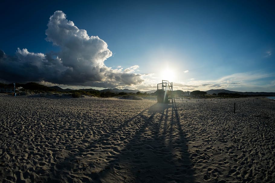 beach, clouds, sand, sea, shadows, shore, sun, nature, outdoors HD wallpaper