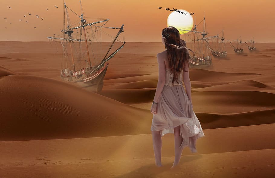 sunset, sand, sky, dawn, manipolation, desert, one person, women HD wallpaper